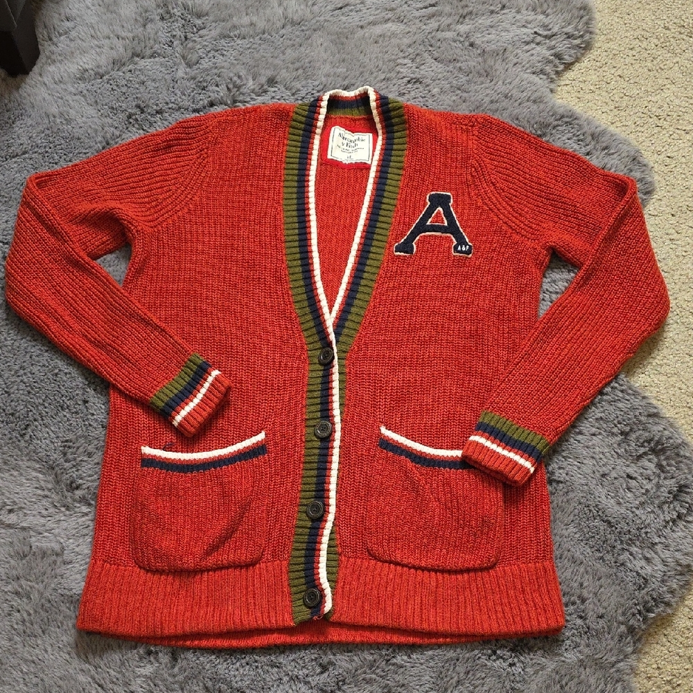 Abercrombie & Fitch Red academic college Cardigan with Striped Trim M unisex
